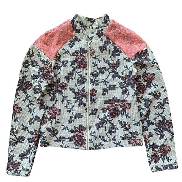 ASOS Floral Grid Sequined Panel Zip Jacket Light Gray Blue Pink Size US 4 UK 8 - Picture 1 of 6